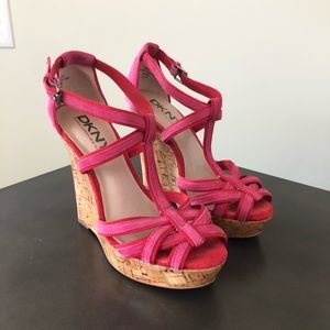 pink and red DNKY cork shoes